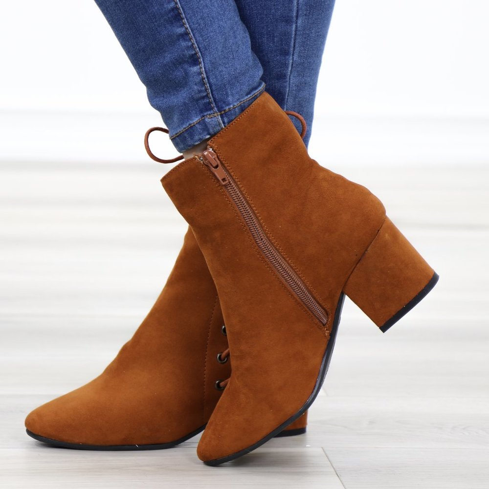Brown Faux Suede Ankle Booties Side Laced Up - Picture 9 of 11